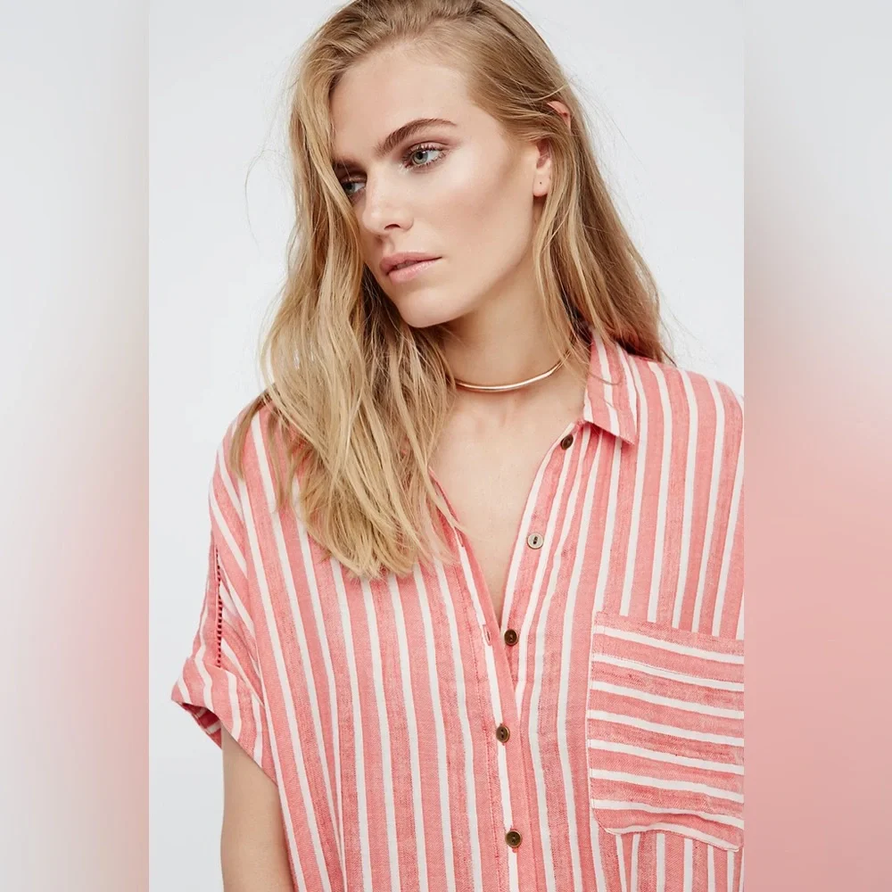 Free People Little Sway Coral Red Striped Button Down Shirt Dress